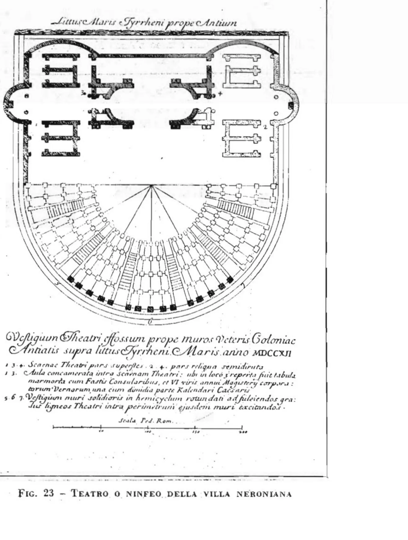 Pianta settecentesca del teatro scavato presso le mura di Antium nel 1712, con emiciclo della cavea e ambienti della scena, da Bianchini