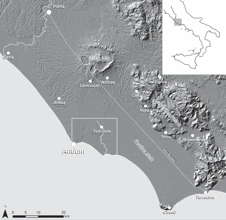 Mappa del territorio di Antium tra Roma, i colli Albani, la pianura Pontina e Terracina