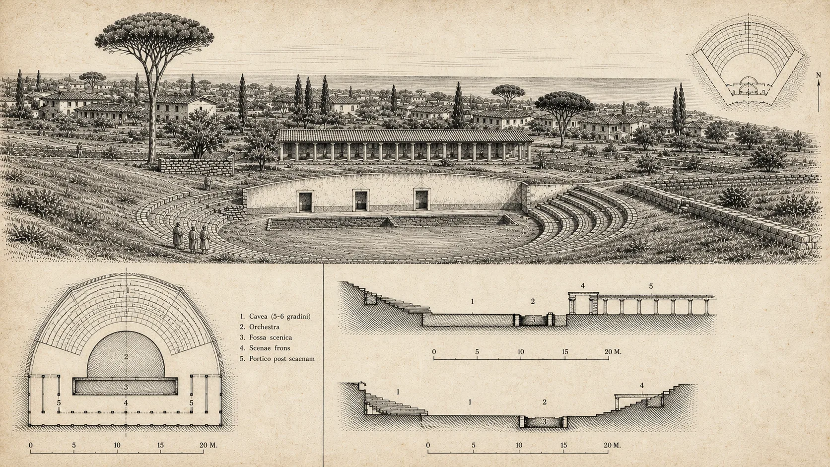 Tavola grafica del teatro romano di Antium: vista prospettica, pianta, sezioni e schema dell'orientamento