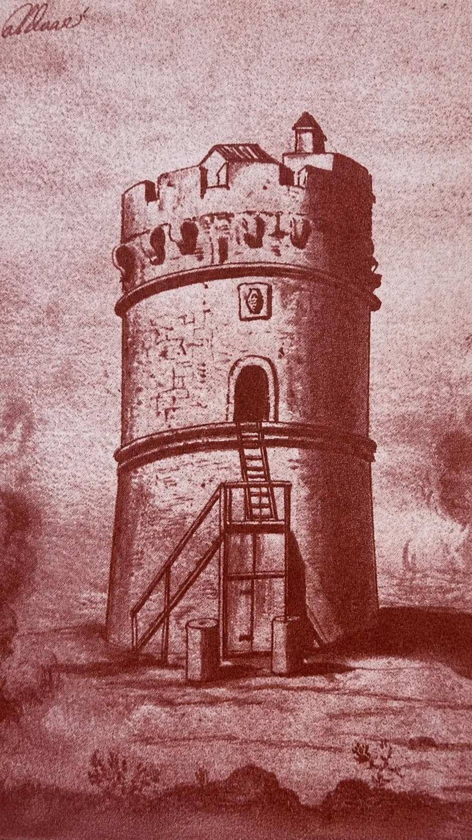 Disegno architettonico della torre delle Caldane: torre tonda merlata con porta d'ingresso rialzata raggiunta da una scaletta esterna