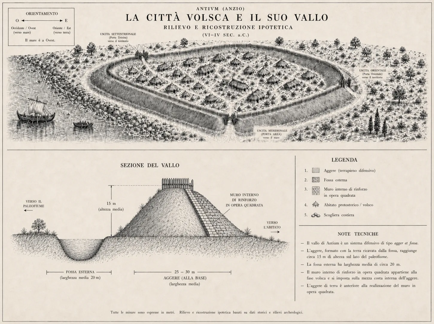 Planimetria del Vallo di Antium: sezione trasversale con aggere, fossato e muro in opera quadrata