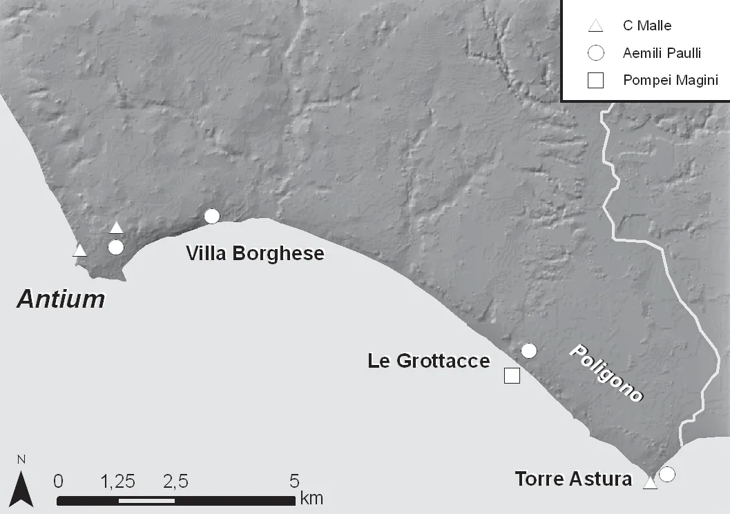 Carta delle ville costiere a sud di Antium con i bolli laterizi di tre famiglie proprietarie