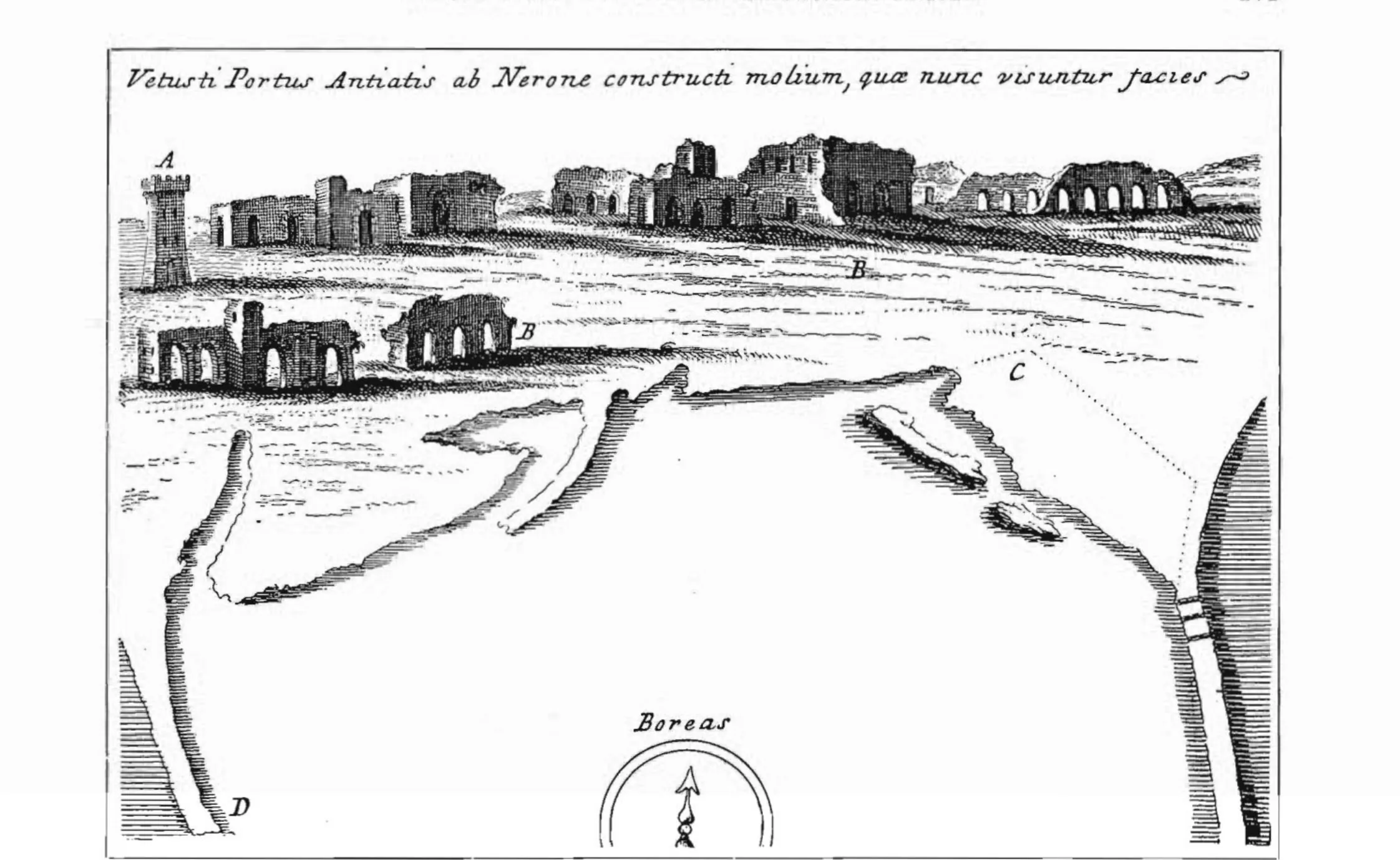 Incisione del 1726 con le rovine dei moli del porto neroniano di Anzio viste da terra, con torre medievale e arcate superstiti