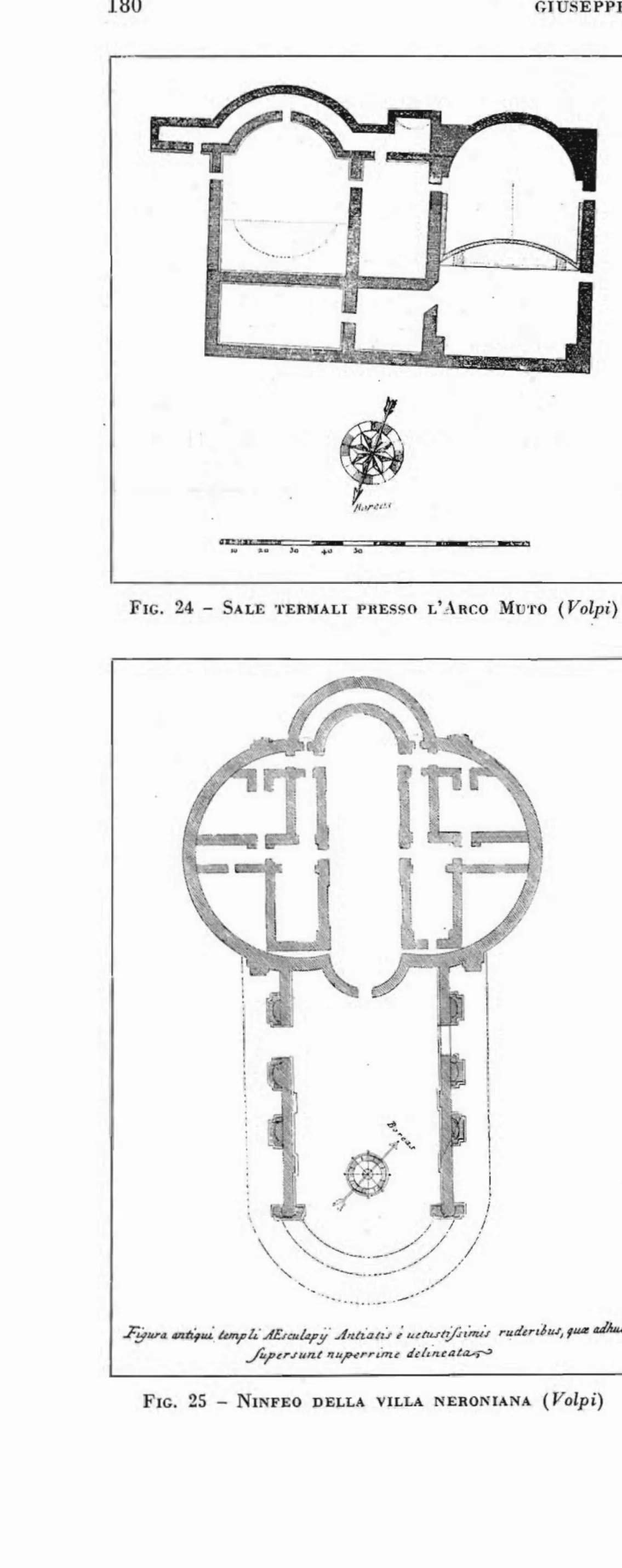 Due piante settecentesche di edifici della costa di Anzio: sale termali presso l'Arco Muto e l'edificio absidato detto tempio di Esculapio, da Volpi 1726
