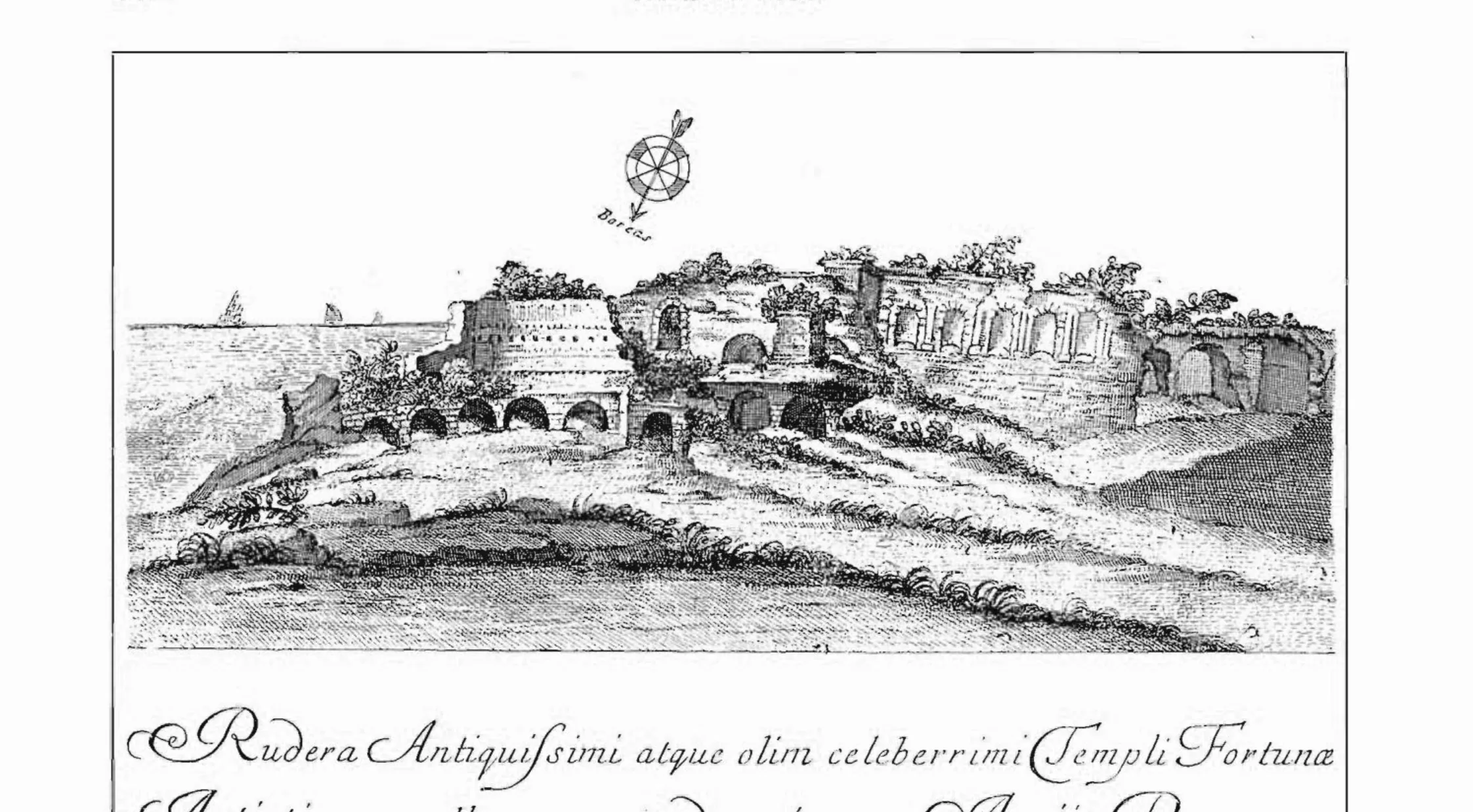 Incisione del 1726 con i ruderi attribuiti al tempio della Fortuna di Anzio: camere a volta sul mare e muraglioni con nicchie